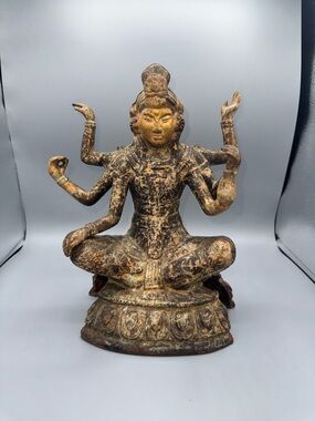 20th Century Asian Gilded Cast Iron 6-Arm Deity Vasudhara Buddhist Sculpture